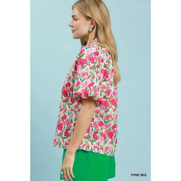 Umgee Floral Puff Sleeve Blouse with Scalloped Details - Medium‎ - Image 2