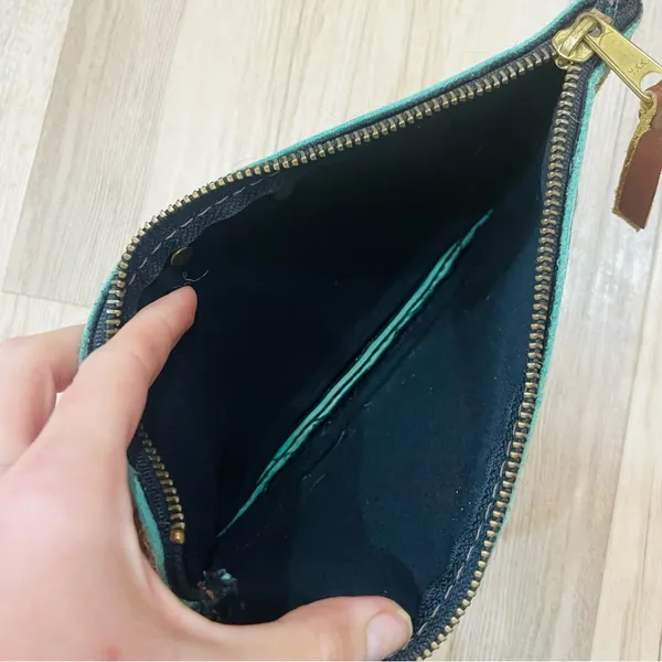 Cowhide Leather Wristlet Clutch W&G Hair Hide Turquoise Acid Wash wristlit purse - Image 3