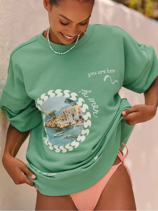 Anthropologie Celandine XXS/XS NEW Crew-Neck Graphic Sweatshirt Green Oversized - Image 3