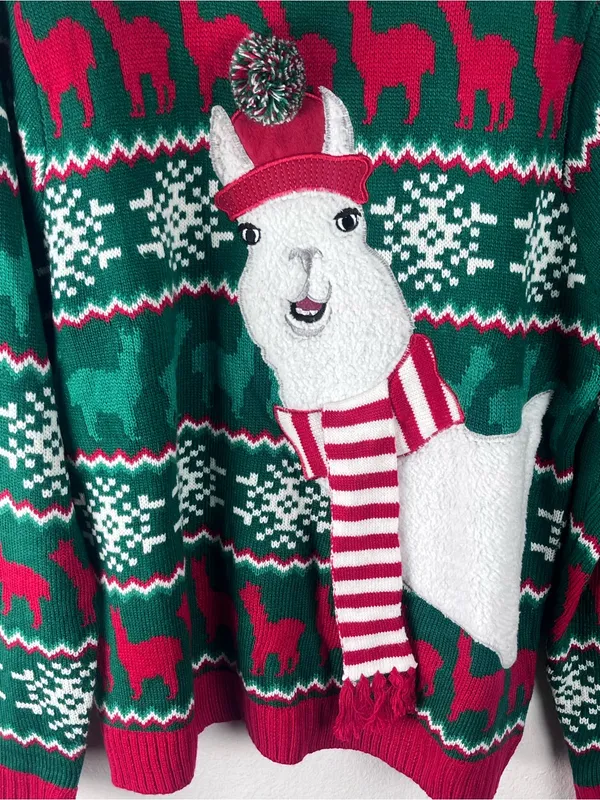 33 DEGREES Llama Scarf Pom Pom Hat Graphic Unisex Christmas Sweater Size Large - Image 10