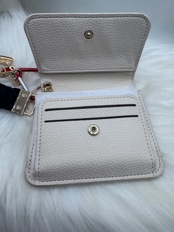 Beige Faux Leather Card Holder Wallet w/ Wristlet Strap & Charm Keychain - Image 7