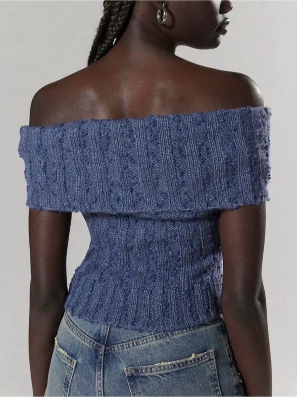 Urban Outfitters Blue Off-The-Shoulder Knit Sweater Top - Image 2