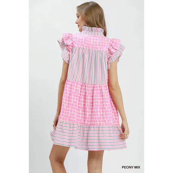 Umgee Mix Patchwork Flutter Sleeve Tiered Dress - Peony Mix - Large - Image 3