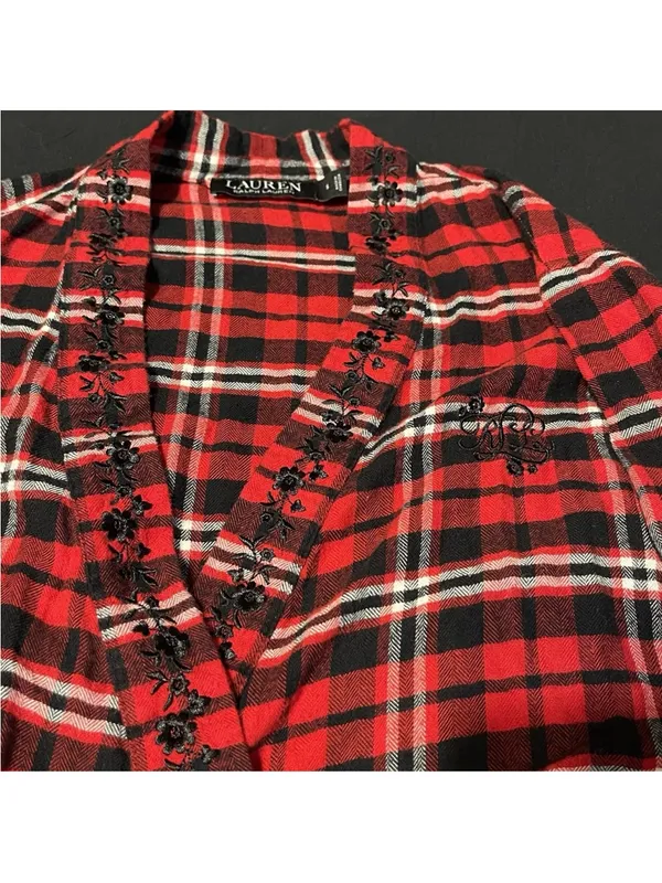 Lauren Ralph Lauren Womens Small Red Plaid Cozy Belted Pockets Robe Logo - Image 3