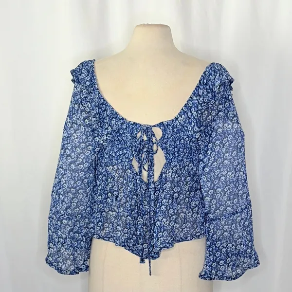 Anthropologie MAEVE Square Neck Sheer Babydoll Top Blue White Floral Large‎ - Image 10