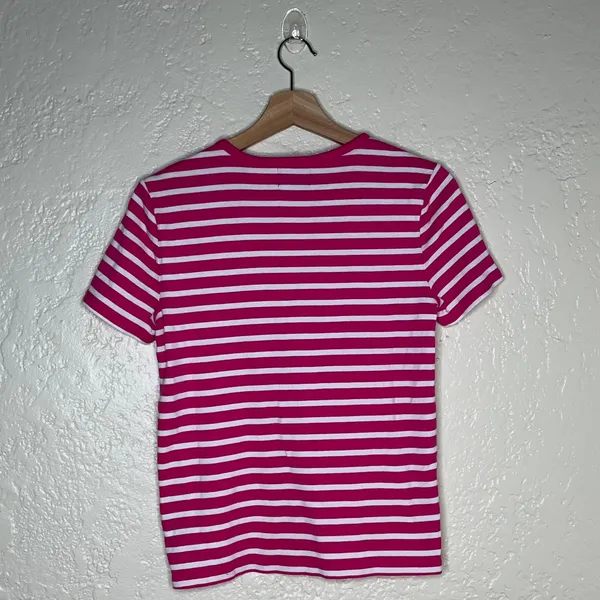 Chaps Classics Pink White Striped Cotton Button Shoulder Tee Shirt Womens Medium - Image 3