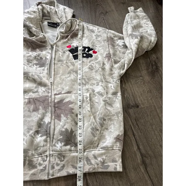 Fleischer Studios Betty Boop Camo Leaf Zip‎ Up Hoodie XL Tan Grey Graphic Back - Image 8