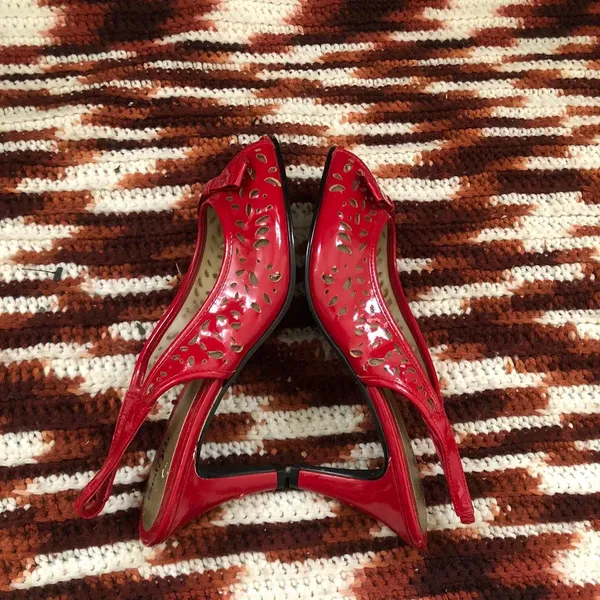 Y2K Coquette Whimsygoth Romantic Goth Vampy Fairy Red Pointelle Cut out Kitten Slingback Heels Pumps Bow Faux Leather Open peep toe-Size 6.5M - Image 2