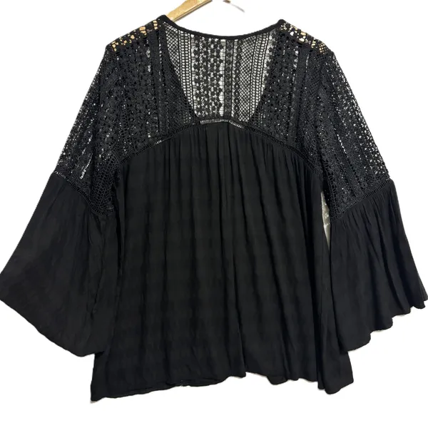 Bell Sleeve Blouse Black Crochet Lace Boho Peasant Festival Date Casual Hippie L - Image 3
