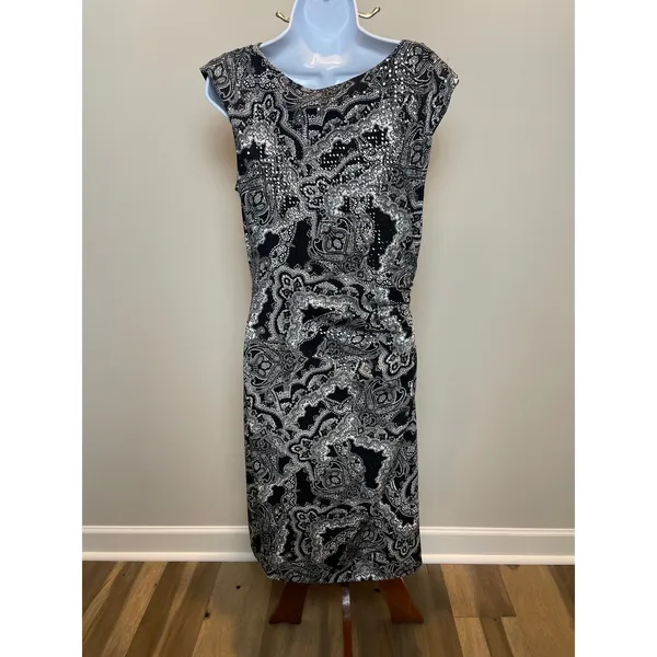 JBS Paisley Sequin Bodycon Dress Size M Black White Scoop Neck NWT Made in USA - Image 3