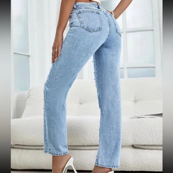 Blue Pearl-Embellished Women's Jeans - Image 2