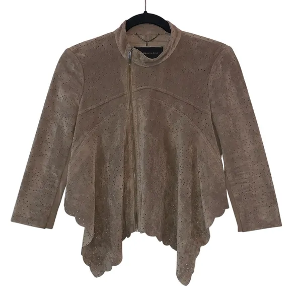 BCBGMAXAZRIA Mocha Faux Suede Zip Jacket‎ XS Asymmetrical Boho - Image 2