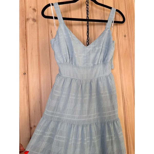 NWT Lulus Freest Feelings Light Blue Plaid Tiered Tie-Back Midi Dress Resort S - Image 4