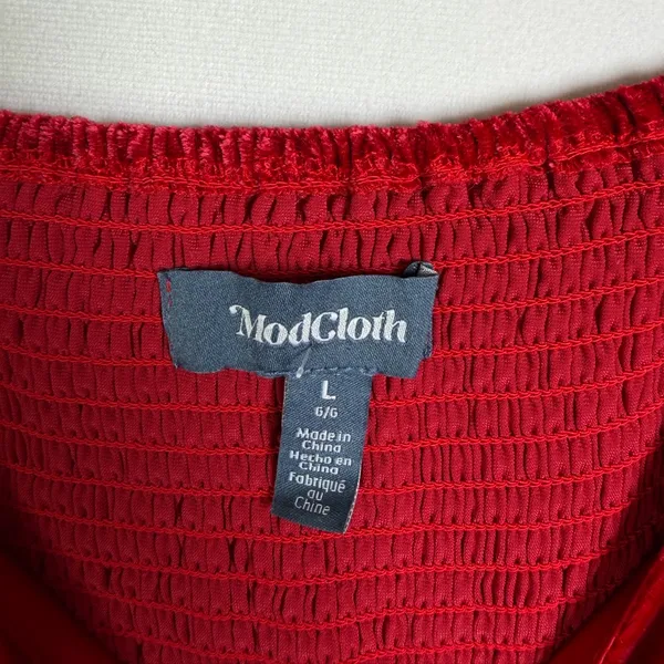 Modcloth Women’s Red Velvet Mini Dress Smocked Puff Sleeve Coquette NWT L - Image 7