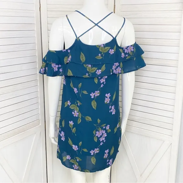 Mi Ami Francesca’s Floral‎ Cold Shoulder Tiered Ruffle Shift Dress Teal XS - Image 4