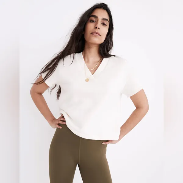 Madewell Airyterry V-Neck‎ Sweatshirt Tee Womens Size Large Cream - Image 5