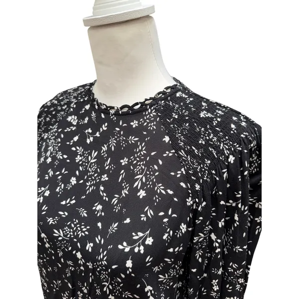 Joie Floral Blouse Women XS Black White Viscose Long Sleeve Keyhole Relaxed Top - Image 6