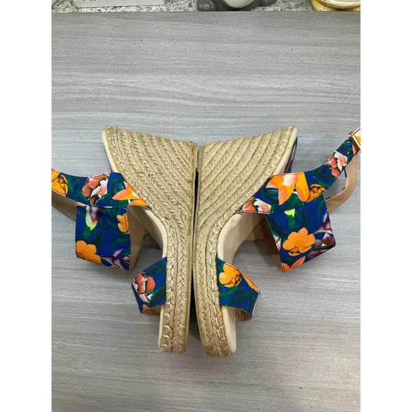 Nwot Qupid Florl Navy Blue‎ And Orange Espadrilles Wedge Sandals - Image 6