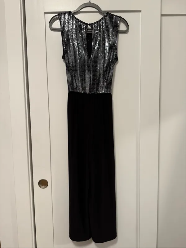 Black Sequin Bodice Evening Capri Jumpsuit with Waist Tie - Image 8