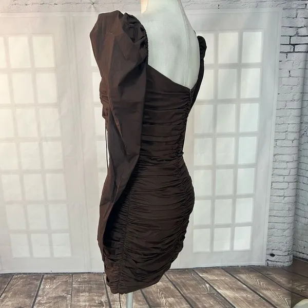 🔥5/$25 sale🔥 Zara Brown Long Sleeve Puff Sleeve ruched Body con Dress Size S - Image 8
