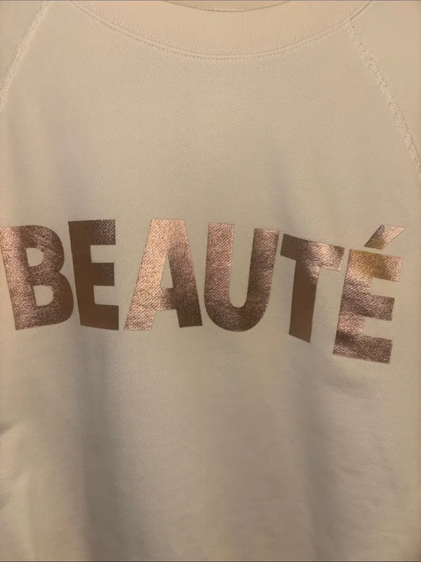 J Crew Cream Colored Sweatshirt Featuring Metallic Rose Gold Beaute Lettering - Image 2