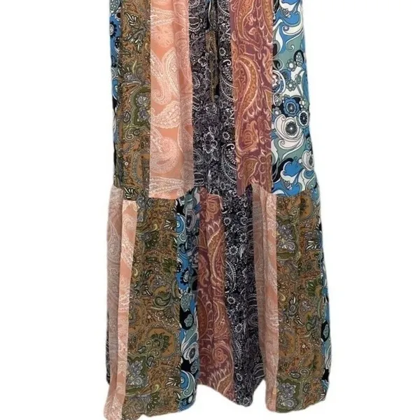 NWOT Sans Souci Off Shoulder Patch Print Maxi Dress Elastic Tie Waist M Tan Blue - Image 4