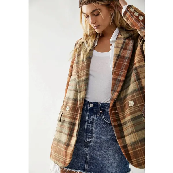 Free People Wool Mari Tartan Plaid Blazer Winter Wheat Large Dark Academia - Image 5