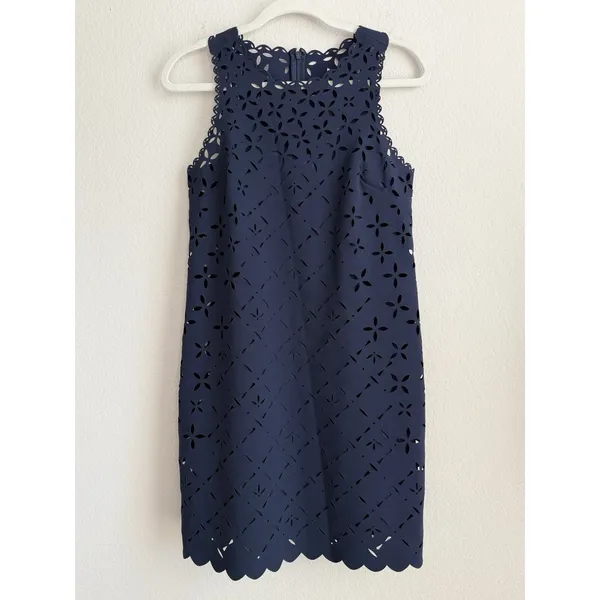 J.Crew Navy Blue‎ Laser Cut Shift Eyelet Dress Lined Sleeveless Womens Size 2 - Image 5