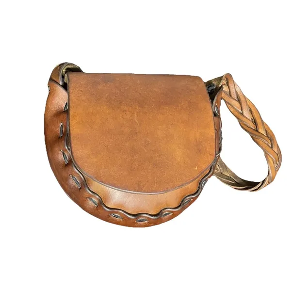 Vintage Handcrafted Brown Leather Braided Saddle Style Shoulder Bag Boho Western - Image 4