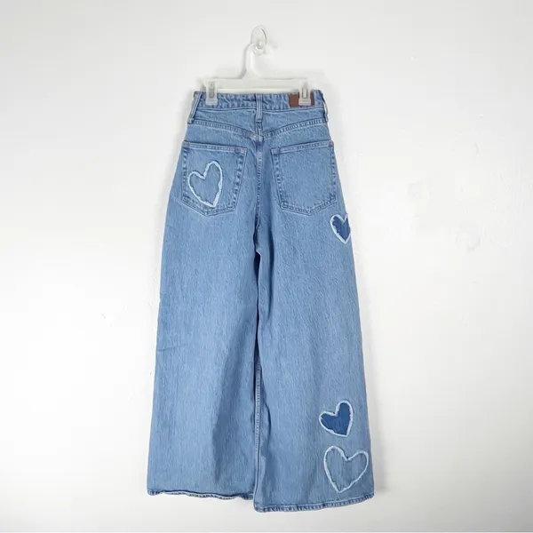 SOCIAL TOURIST Blue Ultra High Rise Baggy Hearts Patches Wide Leg Jeans 26 Boho - Image 2