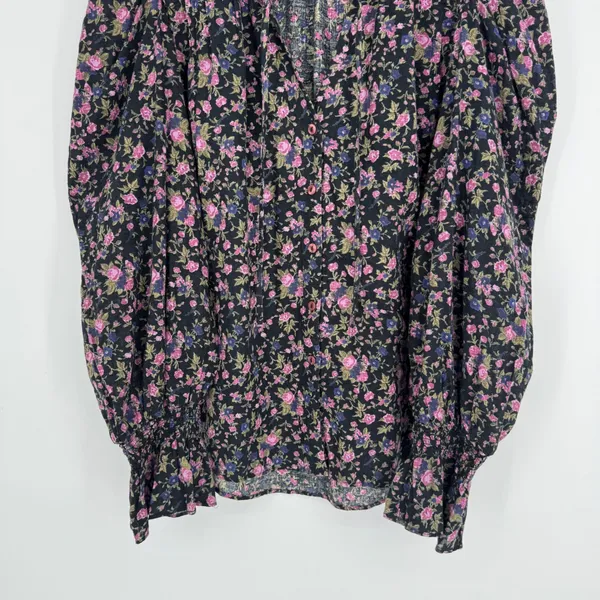 Free People Meant to Be Blouse Medium Black Floral Boho Romantic Puff Sleeve Top - Image 4