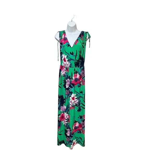 Iman Global Chic Floral Maxi Dress Green‎ Pink V-Neck Sleeveless Plus 1X - Image 2