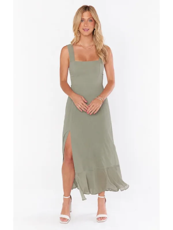 Show Me Your Mumu NWOT Claire Midi Dress Sage Green Tie Strap Side Slit Dress S - Image 2