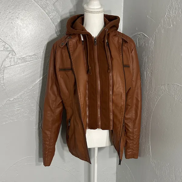 TAGOO Brown Faux Leather Jacket with Removable Hood. - Image 5