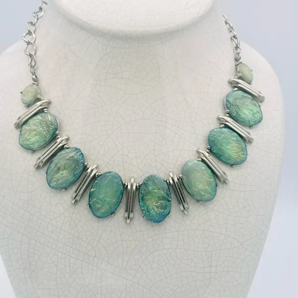 Elegant Statement Silver and Blue Green Iridescent Necklace - Image 2
