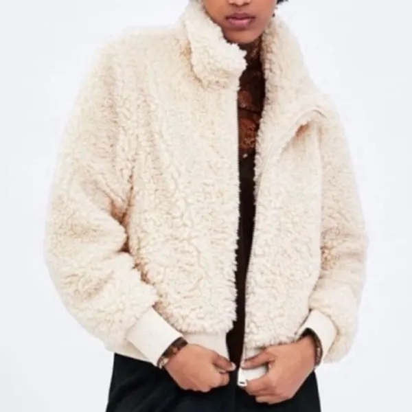Zara TRF Ivory Cream Faux Fur Cropped Zip Up Sherpa Teddy Bomber Jacket Size S - Image 6