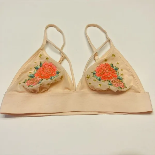 PINK Victoria's Secret Bralette Sz Small Peach Floral Embroidered‎ Star Mesh NEW - Image 6