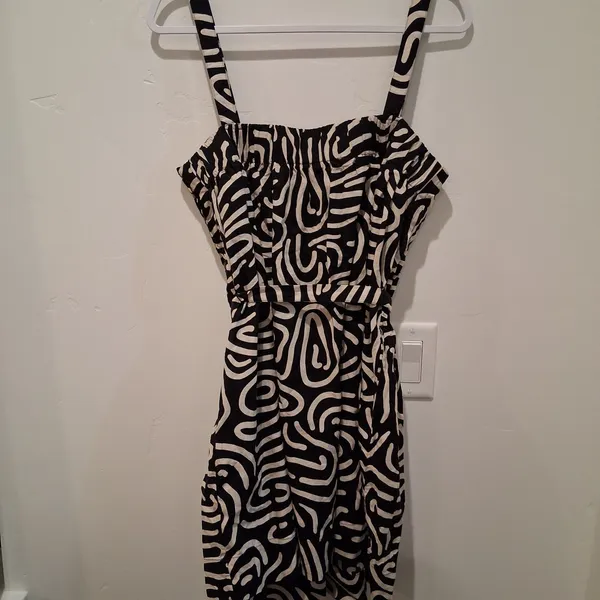 Banana Republic Factory Linen Blend Mini Dress Abstract Black/Beige sz M Pockets - Image 12