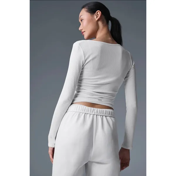 Alo Yoga Gather Long Sleeve White Ribbed Ruched Crop Top XS - Image 11