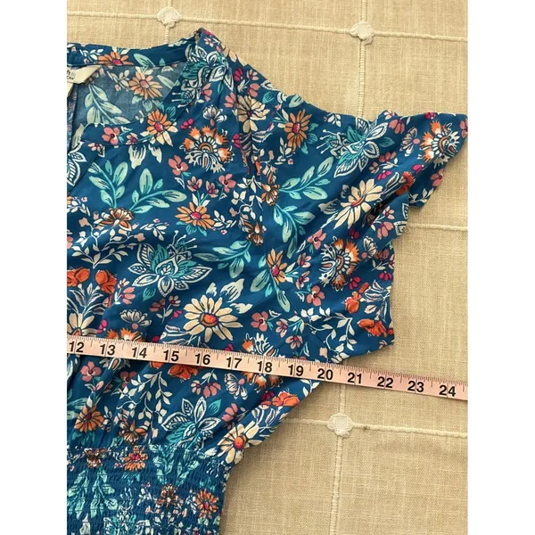 Croft & Barrow Floral Dress Medium‎ Blue Smocked Waist Tiered Ruffle Hem Rayon - Image 8