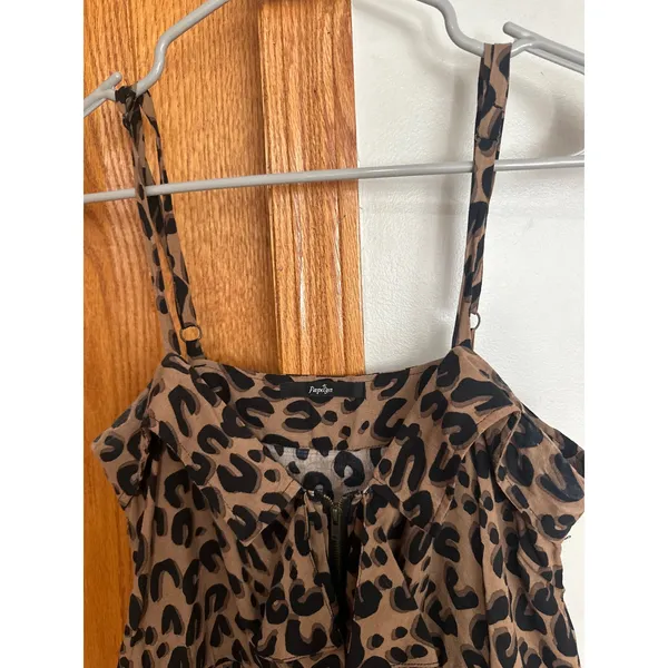 Papaya Leopard Print Ruffle Zip Front Mini Dress Tan Black Smocked Waist Small - Image 2