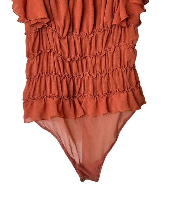 Free People Intimately M Ruffle Cinched Flutter Sleeve Bodysuit Burnt Orange - Image 8