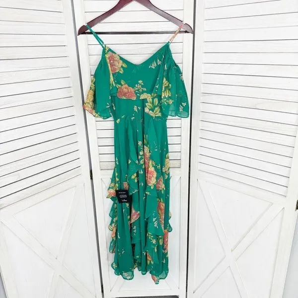 Lulus Romantic Love Floral Chiffon Ruffle Cold Shoulder Midi‎ Dress Green XS - Image 11