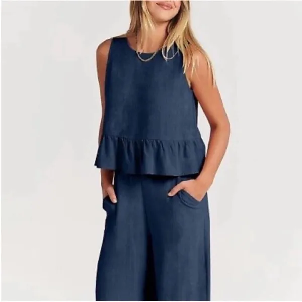 Elegant Blue Pants with Ruffled Peplum Top 2 Piece Set - Image 5
