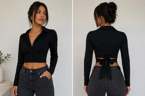 Windsor Top Long Sleeve Black Crop v-neck Size small - Image 2