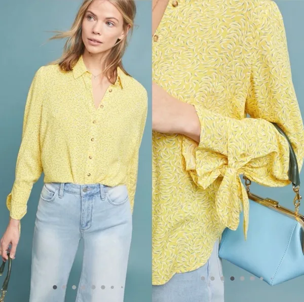 Maeve Yellow Collared Button-Down Tie Cuff Long Sleeve Blouse✨ - Image 2