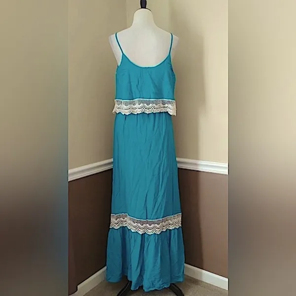 Maxi Dress Turquoise Teal White Crochet Lace Boho Modcloth Bo Bel Southern Belle - Image 4