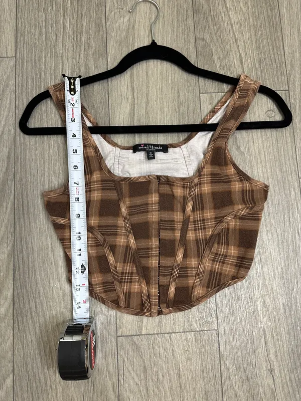 Brown Plaid Crop Top Hook and Eye Front Size Small | Grunge - Image 8