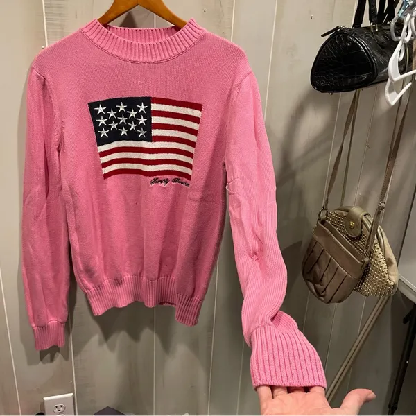 Cute cotton candy pinky american flag Simply Southern chunky sweater USA ‘Merica - Image 9