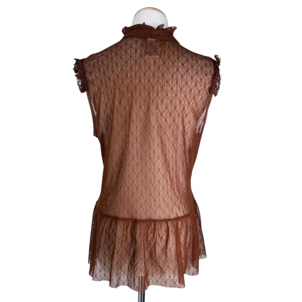 Faded Glory Vintage 2000's L top blouse brown sheer mesh top ruffle embroidered cottage core - Image 3
